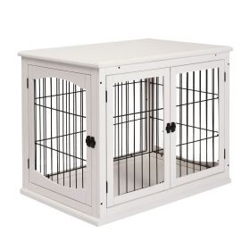 PawHut 26" Wooden Dog Cage Dog Crate Furniture, Indoor Dog Kennel, Dog Cage End Table with 2 Lockable Doors Entrance & Top Shelf, White - White