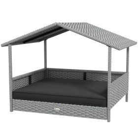 PawHut Wicker Dog House Outdoor Canopy Rattan Bed Water-resistant Cushion Gray - Gray