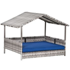 PawHut Pet House Wicker, Rattan Bed for Indoor/Outdoor with Water-Resistant and Removable Cushions, Elevated Bottom, Dark Blue - Dark Blue