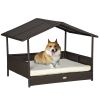 PawHut Wicker Dog Bed Outdoor Elevated with Rattan Canopy Cushioned PE Rattan Dog Cat House Sleeping Pad Cream - default