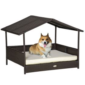 PawHut Wicker Dog Bed Outdoor Elevated with Rattan Canopy Cushioned PE Rattan Dog Cat House Sleeping Pad Cream - default