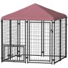 PawHut Welded Wire Outdoor Dog Kennel with 360° Rotating & 4 Levels Adjustable Bowls, Waterproof Cover, 4.6' x 4.6' x 5' - default
