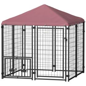 PawHut Welded Wire Outdoor Dog Kennel with 360° Rotating & 4 Levels Adjustable Bowls, Waterproof Cover, 4.6' x 4.6' x 5' - default