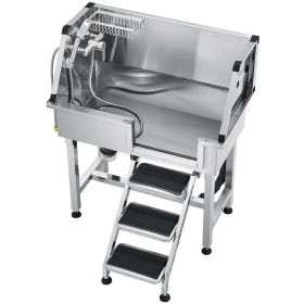 34" Dog Grooming Bath Tub Stainless Steel w Stairs Faucet Showerhead - Default