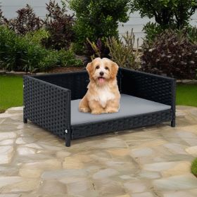 Rattan Dog Bed with Waterproof Soft Cushion for Medium Small Dogs Cats - Gray