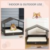 PawHut Wicker Dog Bed Outdoor Elevated with Rattan Canopy Cushioned PE Rattan Dog Cat House Sleeping Pad Cream - default